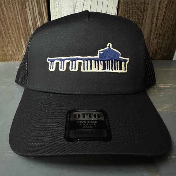 MANHATTAN BEACH PIER & ROUNDHOUSE - 5 Panel Mid Profile Mesh Back Trucker Hat - Black