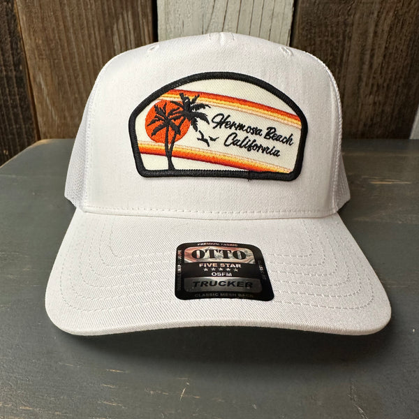Hermosa Beach RETRO SUNSET - 5 Panel Mid Profile Mesh Back Trucker Hat - White