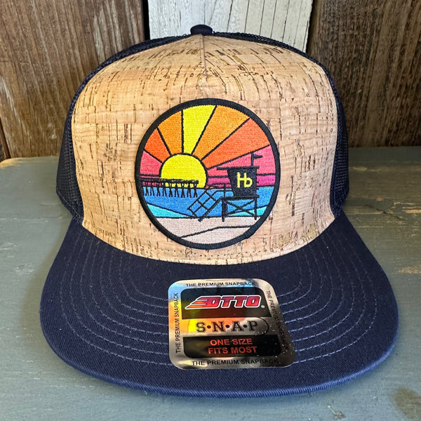 Hermosa Beach OBLIGATORY SUNSET Premium Cork Trucker Hat (Navy Blue)