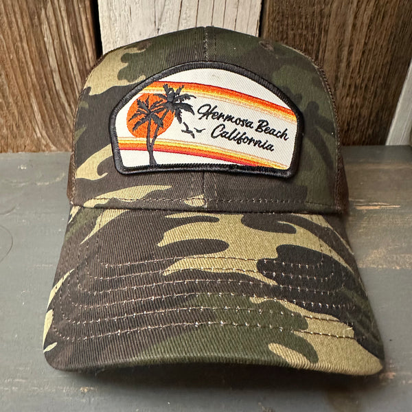 Hermosa Beach RETRO SUNSET 6 Panel Low Profile Trucker Hat - Camo/Brown Mesh