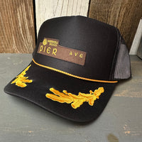 Hermosa Beach PIER AVE 5 Panel High Crown Mesh Back Captain Trucker Hat- Black/Gold