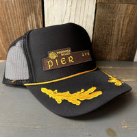 Hermosa Beach PIER AVE 5 Panel High Crown Mesh Back Captain Trucker Hat- Black/Gold