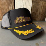 Hermosa Beach PIER AVE 5 Panel High Crown Mesh Back Captain Trucker Hat- Black/Gold