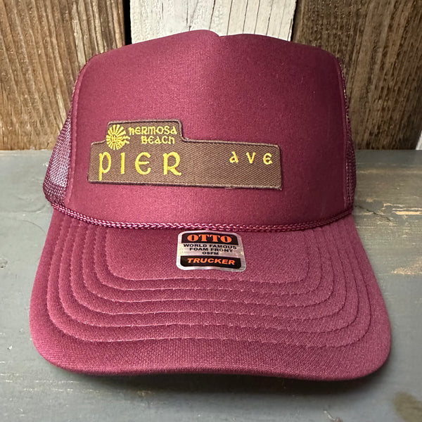Hermosa Beach PIER AVE High Crown Trucker Hat - Burgundy Maroon