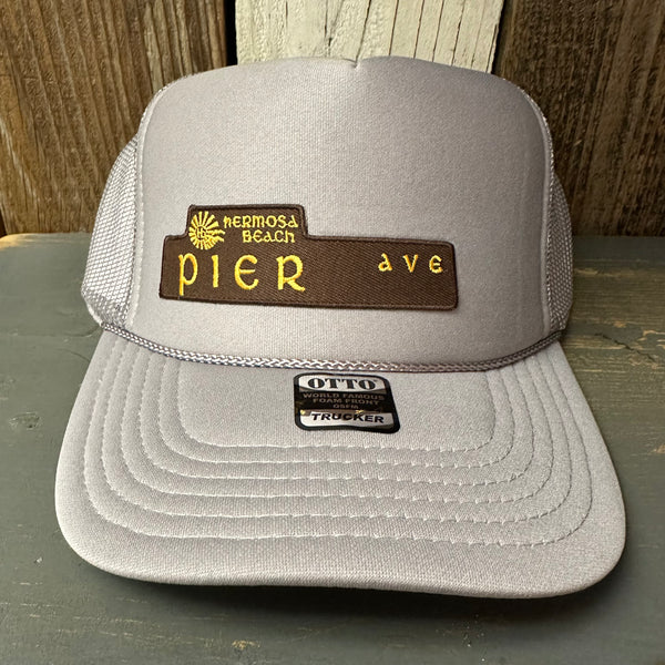 Hermosa Beach PIER AVE High Crown Trucker Hat - Grey (Curved Brim)