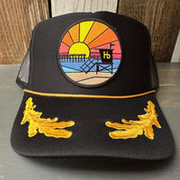 Hermosa Beach OBLIGATORY SUNSET 5 Panel High Crown Mesh Back Captain Trucker Hat- Black/Gold