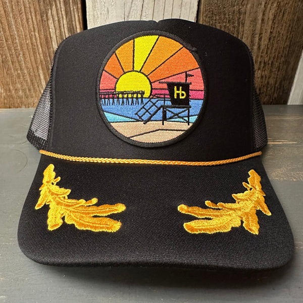Hermosa Beach OBLIGATORY SUNSET 5 Panel High Crown Mesh Back Captain Trucker Hat- Black/Gold