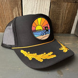 Hermosa Beach OBLIGATORY SUNSET 5 Panel High Crown Mesh Back Captain Trucker Hat- Black/Gold