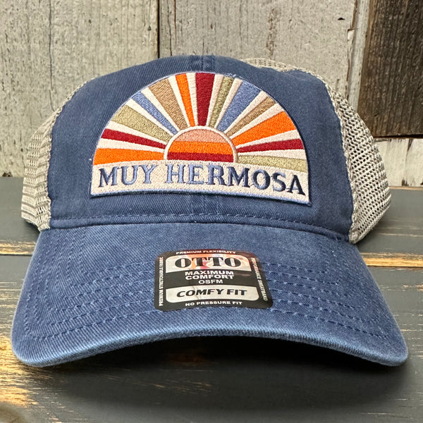 Hermosa Beach MUY HERMOSA Low Profile Trucker Hat - Vintage Wash Navy Blue/Khaki