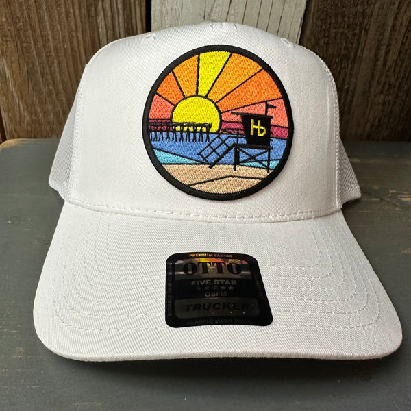 Hermosa Beach OBLIGATORY SUNSET - 5 Panel Mid Profile Mesh Back Trucker Hat - White