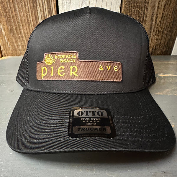 Hermosa Beach PIER AVE - 5 Panel Mid Profile Mesh Back Trucker Hat - Black