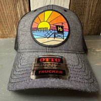 Hermosa Beach OBLIGATORY SUNSET 6 Panel Low Profile Mesh Back Trucker Hat - Charcoal/Black