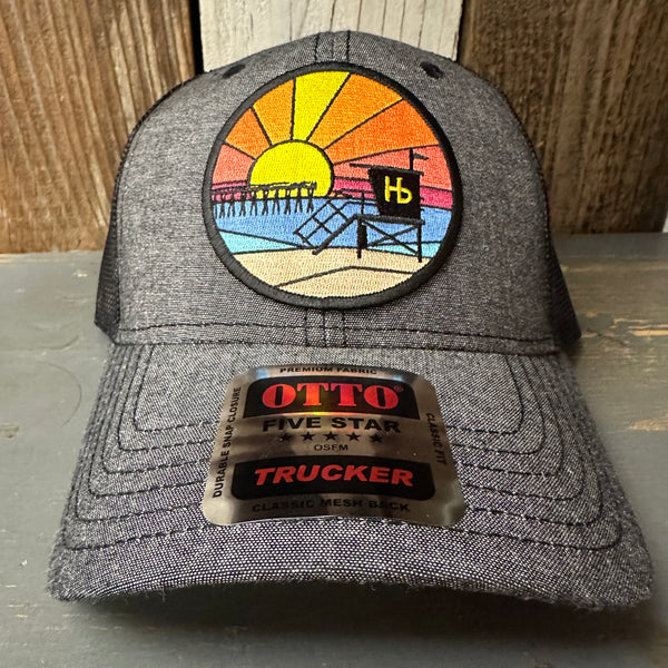 Hermosa Beach OBLIGATORY SUNSET 6 Panel Low Profile Mesh Back Trucker Hat - Charcoal/Black