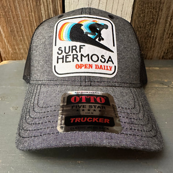 Hermosa Beach SURF HERMOSA :: OPEN DAILY 6 Panel Low Profile Mesh Back Trucker Hat - Charcoal/Black