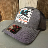 Hermosa Beach SURF HERMOSA :: OPEN DAILY 6 Panel Low Profile Mesh Back Trucker Hat - Charcoal/Black