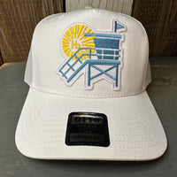 Hermosa Beach NORTH OF PIER - 5 Panel Mid Profile Mesh Back Trucker Hat - White