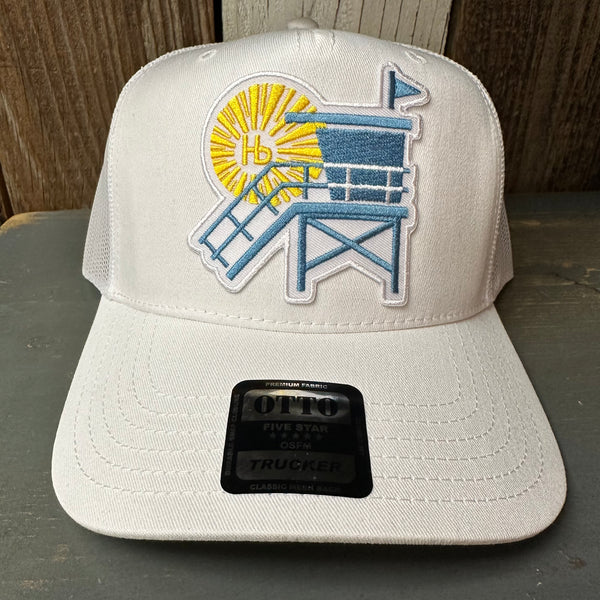 Hermosa Beach NORTH OF PIER - 5 Panel Mid Profile Mesh Back Trucker Hat - White