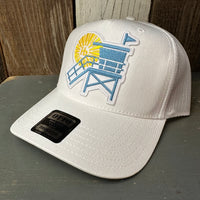 Hermosa Beach NORTH OF PIER - 5 Panel Mid Profile Mesh Back Trucker Hat - White