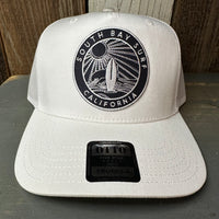 SOUTH BAY SURF (Navy Patch) 5 Panel Mid Profile Mesh Back Trucker Hat - White