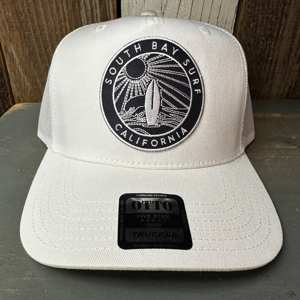 SOUTH BAY SURF (Navy Patch) 5 Panel Mid Profile Mesh Back Trucker Hat - White