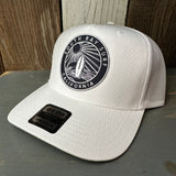 SOUTH BAY SURF (Navy Patch) 5 Panel Mid Profile Mesh Back Trucker Hat - White