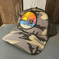 Hermosa Beach OBLIGATORY SUNSET 6 Panel Low Profile Trucker Hat - Camo/Olive Green Mesh