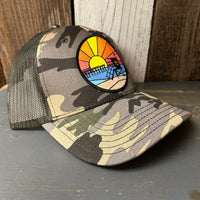 Hermosa Beach OBLIGATORY SUNSET 6 Panel Low Profile Trucker Hat - Camo/Olive Green Mesh