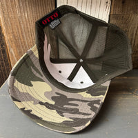 Hermosa Beach OBLIGATORY SUNSET 6 Panel Low Profile Trucker Hat - Camo/Olive Green Mesh