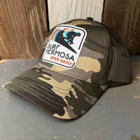Hermosa Beach SURF HERMOSA :: OPEN DAILY 6 Panel Low Profile Trucker Hat - Camo/Olive Green Mesh