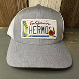 Hermosa Beach CALIFORNIA LICENSE PLATE 6 Panel Trucker Hat - Grey/White