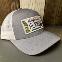 Hermosa Beach CALIFORNIA LICENSE PLATE 6 Panel Trucker Hat - Grey/White