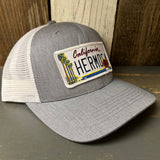 Hermosa Beach CALIFORNIA LICENSE PLATE 6 Panel Trucker Hat - Grey/White