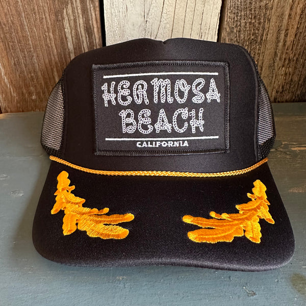 Hermosa Beach ROPER 5 Panel High Crown Mesh Back Captain Trucker Hat- Black/Gold