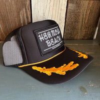 Hermosa Beach ROPER 5 Panel High Crown Mesh Back Captain Trucker Hat- Black/Gold