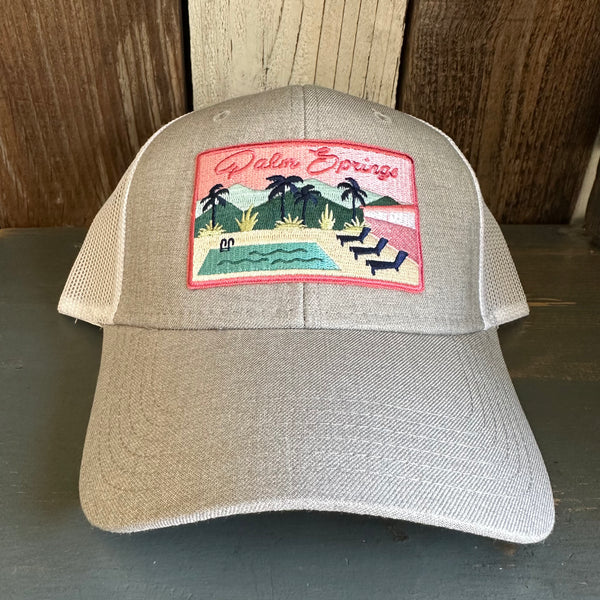 PALM SPRINGS, California 6 Panel Low Profile Mesh Back Trucker Hat - Heather Grey/White