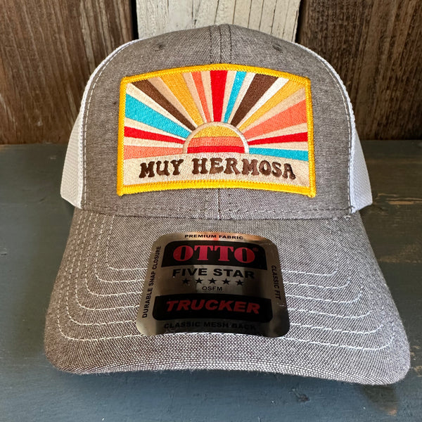Hermosa Beach MUY HERMOSA 6 Panel Low Profile Mesh Back Trucker Hat - Charcoal Grey/White