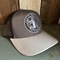 SOUTH BAY SURF (Navy Colored Patch) 6 Panel Low Profile Mesh Back Trucker Hat - Heather Gray/Charcoal Gray/Black