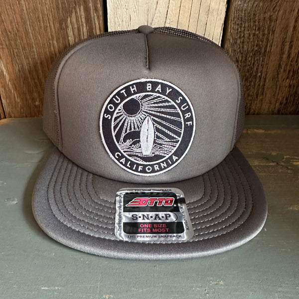 SOUTH BAY SURF (Navy Colored Patch) Trucker Hat - Charcoal Grey (Flat Brim)