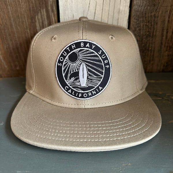 SOUTH BAY SURF (Navy Colored Patch)  :: "FLEX" 6 Panel Mid Profile Flat Visor Baseball Cap - Khaki