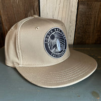 SOUTH BAY SURF (Navy Colored Patch)  :: "FLEX" 6 Panel Mid Profile Flat Visor Baseball Cap - Khaki