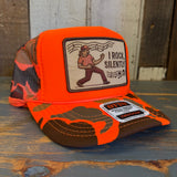 I ROCK, SILENTLY :: Trucker Hat - Neon Orange Hunters Camo/Camo Backing