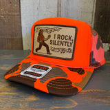 I ROCK, SILENTLY :: Trucker Hat - Neon Orange Hunters Camo/Camo Backing