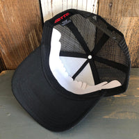 Hermosa Beach PIER AVE - 5 Panel Mid Profile Mesh Back Trucker Hat - Black