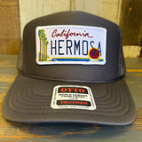 Hermosa Beach CALIFORNIA LICENSE PLATE High Crown Trucker Hat - Charcoal Grey