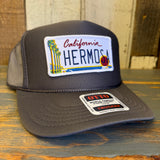 Hermosa Beach CALIFORNIA LICENSE PLATE High Crown Trucker Hat - Charcoal Grey