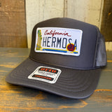 Hermosa Beach CALIFORNIA LICENSE PLATE High Crown Trucker Hat - Charcoal Grey