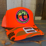Hermosa Beach THE MECCA OF BEACH VOLLEYBALL Trucker Hat - Neon Orange Hunters Camo