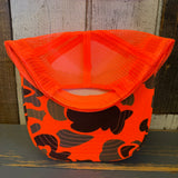 Hermosa Beach THE MECCA OF BEACH VOLLEYBALL Trucker Hat - Neon Orange Hunters Camo
