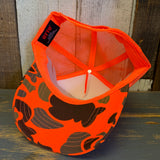 Hermosa Beach THE MECCA OF BEACH VOLLEYBALL Trucker Hat - Neon Orange Hunters Camo