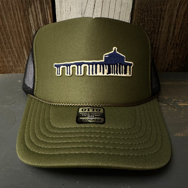 MANHATTAN BEACH PIER & ROUNDHOUSE High Crown Trucker Hat - Olive/Black (Curved Brim)